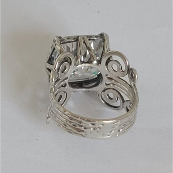 Vintage Sterling Silver Large Chunky Filigree Huge Cushion Cut CZ Crystal Ring - Picture 10 of 15
